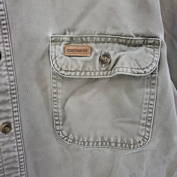 Carhartt Shacket Workwear Shirt Mens L Tan Brown 509MRH Distressed Flaw - Picture 5 of 16